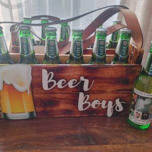 Beer boys wooden caddy with leather straps